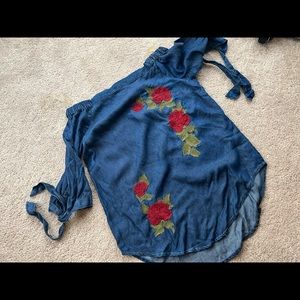 Denim look Off shoulder top with embroidery